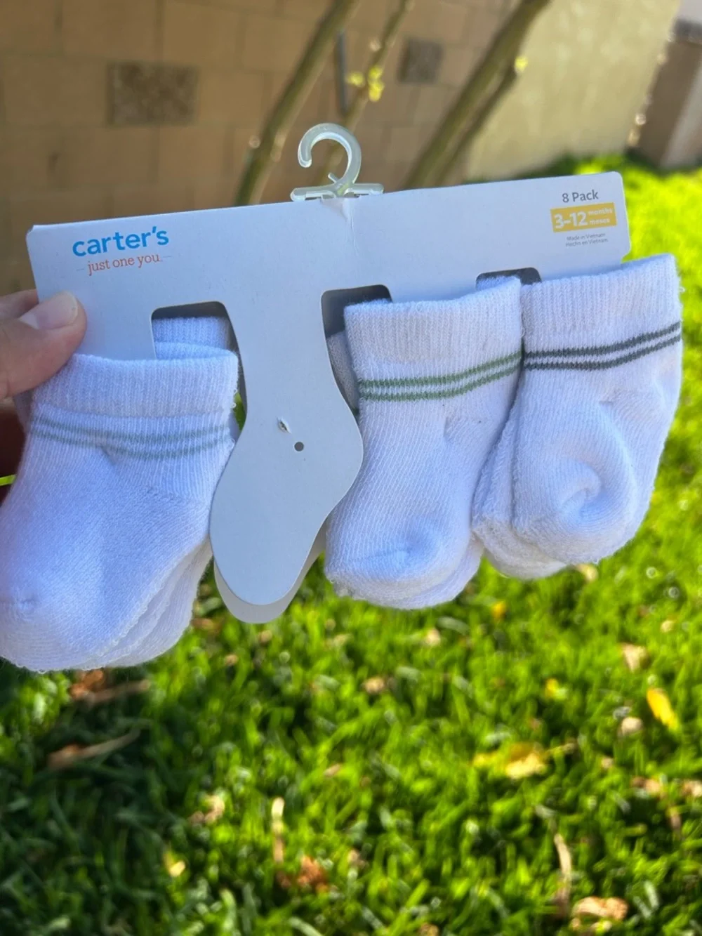 Carter's White Baby Socks Pack with Subtle Green & Gray Stripes